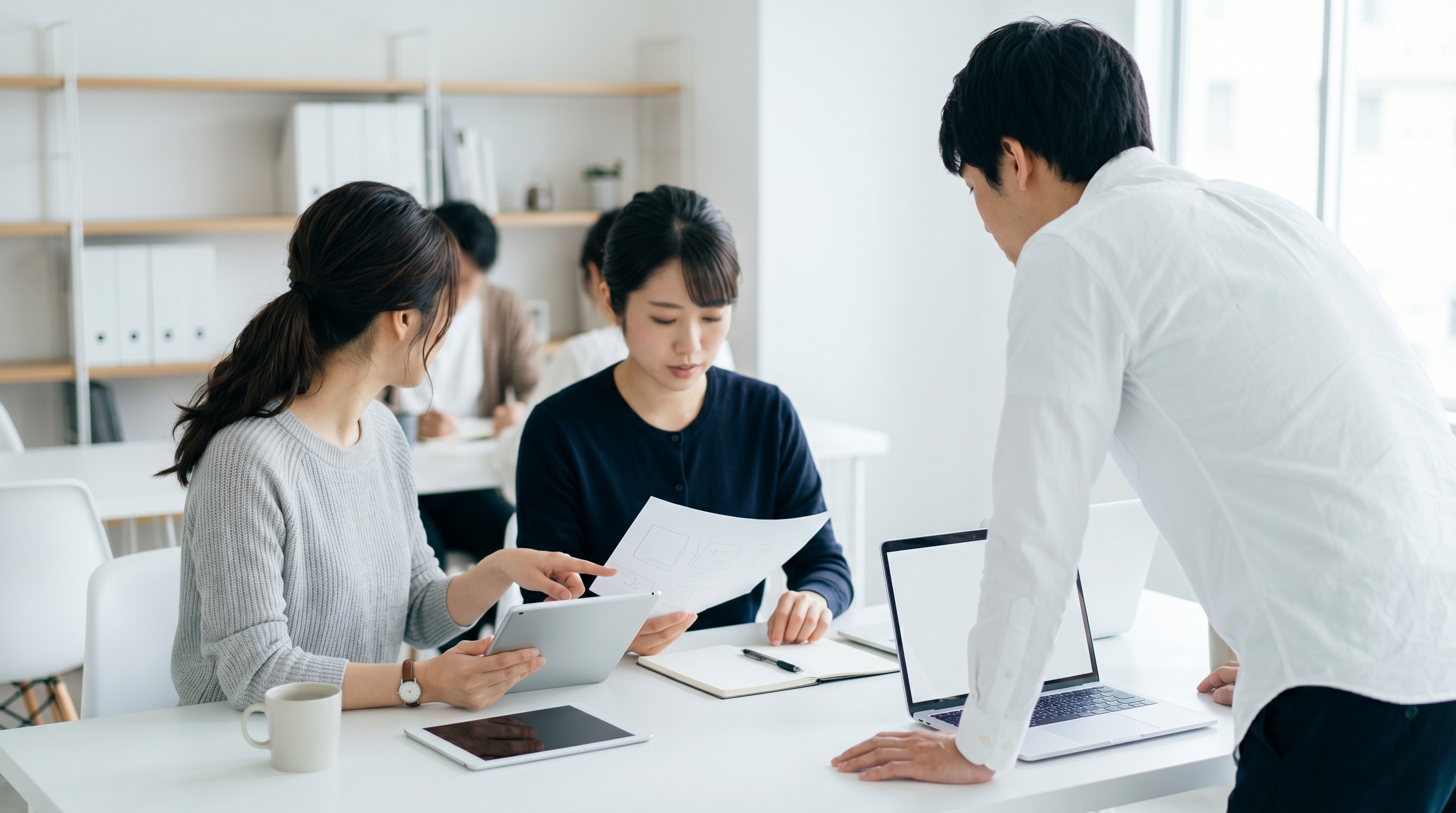 チームで資料を確認する様子
